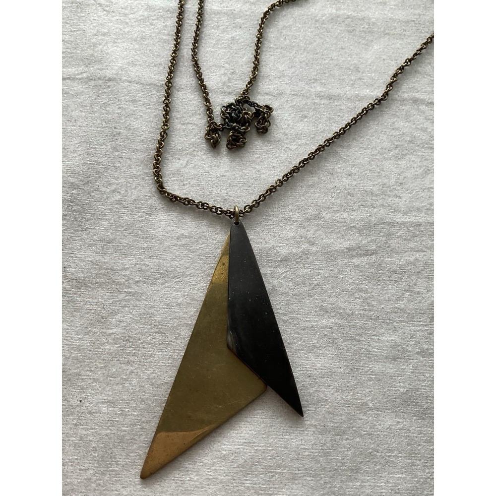 Vintage long double-triangle accent necklace Geometric Brass Estate Jewelry